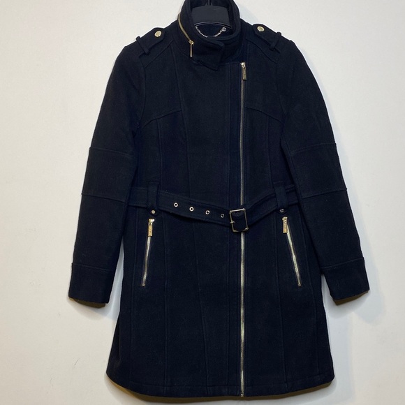 Michael Kors Black Belted Coat with Gold Accents Size M - Picture 3 of 10
